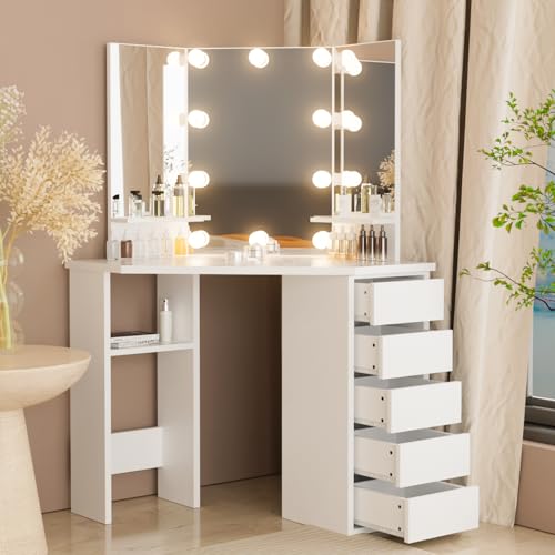 LINSY 47" Glass Top Vanity With Mirror & Lights - White Makeup Desk, 9 Drawers, 2 Cabinets, Outlets