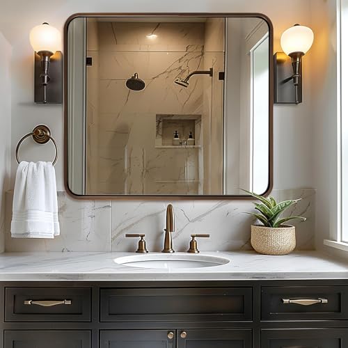 Image of ANDY STAR 40x36 Inch Bronze Bathroom Mirror, Rounded Rectangle Oil Rubbed Bronze Mirrors for Bathroom,Tube Metal Framed, 1'' Deep Wall Mounted Vertically /Horizontal