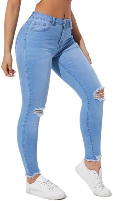 Distressed Slim Skinny Jeans with Raw Cut Edges for Women and Comfortable Wear