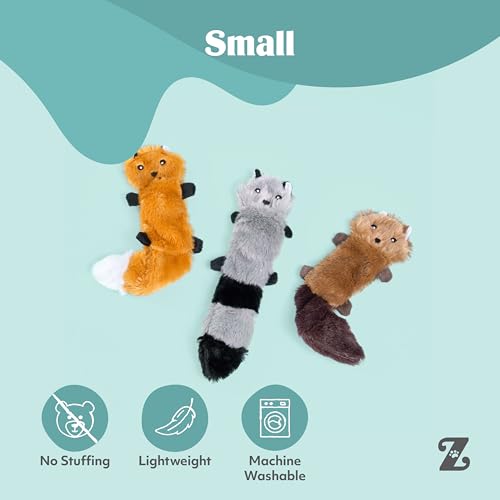 Image of ZippyPaws Skinny Peltz - No Stuffing Dog Toy Pack to Keep Them Busy, for Small and Medium Dogs, Squeaky Pet Toys, Unstuffed Chew Toys, Soft Plush Variety Pack, Fox, Raccoon, and Squirrel - 11 inch