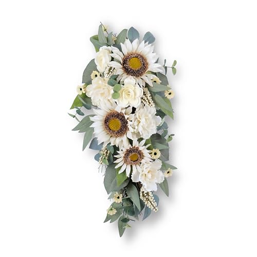 Summer Swag - 28” Sunflower, Peony, Rose Teardrop Swag for Front Door, Porch Wall, Window - Artificial White Flowers Teardrop Wreath for Home Spring, Summer, Fall, All Seasons, Everyday Decor (1)