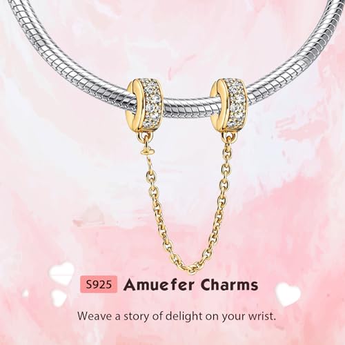 Amuefer Safety Chain Charms for Bracelets 925 Sterling Silver with Cubic Zirconia Spacer Stopper Birthday Christmas Jewelry Gifts for Women (14K Gold Plated Sparkling Crystal) by Amuefer - Used condition - Image 3