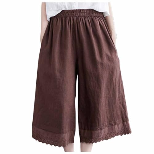 Women's Cotton Linen Lace Trim Pants Casual Solid Loose Palazzo Cropped Pant Summer Fashion Elastic Waist Trousers