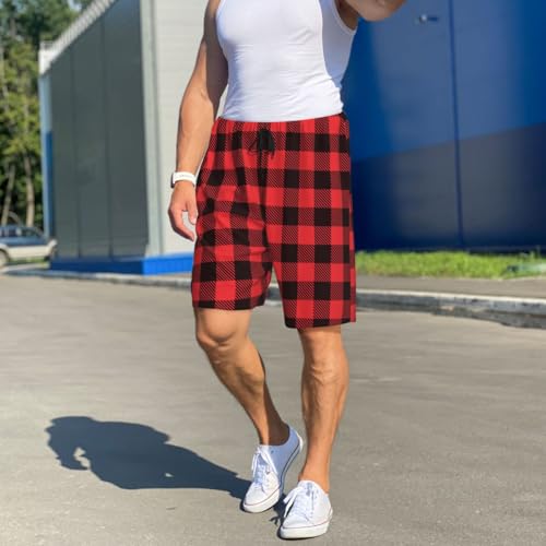 Mens Pajama Shorts with Pockets - black red buffalo plaid Checkered Soft Lounge Pj Sleep Shorts Pajama Bottoms for Men2