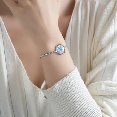 Forget-Me-Not and Queen Anne's Lace Real Pressed Flower Bracelets for Women,Unique Handmade Design,Boho Cute Bracelet,Thoughtful Gift for Christmas,Valentine's,Mother's Day (Adjustable)3