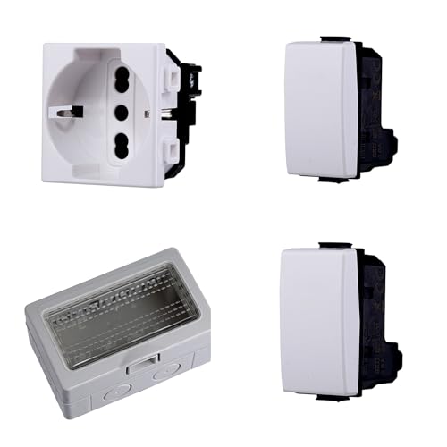 Cassetta Elettrica IP55, Completa Di Frutti Compatibile Con Bticino Matix, 4 Moduli 1 Presa Schuko P40 + 2 Interruttore, Scatola Con Coperchio Da Muro Parete Esterno e Interno