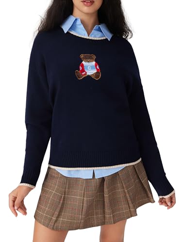 CIDER Women's Fall Sweaters Long Sleeve Cute Sweaters Bear Graphic Crewneck Soft Knit Casual Cropped Pullover3