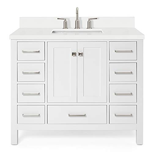 ARIEL 43´´ White Bathroom Vanity with 1.5´´ Edge Pure White Quartz Countertop & Backsplash, Center Rectangular Sink, 2 Soft Closing Doors, 9 Full Extension Dovetail Drawers, Brushed Nickel