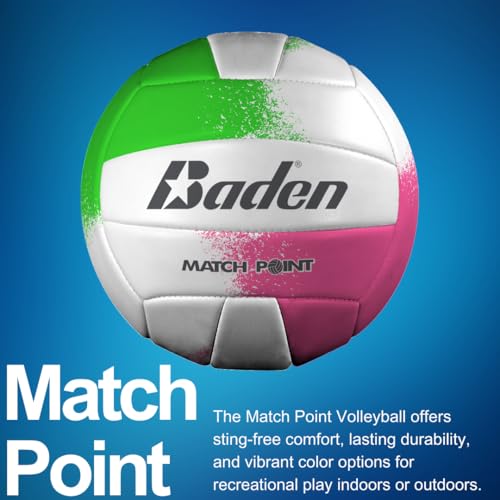 Baden | Match Point | Cushioned Synthetic Leather | Outdoor Recreation Backyard Volleyball + College Camp Ball | All Ages | Official Size 5 | Neon Pink/Green/White