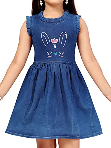 Image of MUHURATAM Girl's Denim Skater Knee-Length Dress