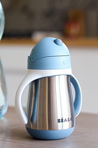 Beaba Stainless Steel Straw Sippy Cup, Sippy Cup with Removable Handles, Sippy Cup with Straw, 8+ months, 8.5 oz (Rain)
