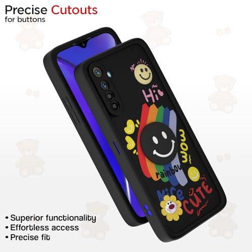 Image of Pikkme Back Cover for Realme XT /Realme X2 | Soft Silicone| Cute Rainbow Smile & 3D Cartoon Flower Design | Shockproof Raised Camera Protection Bumper Case (Black)