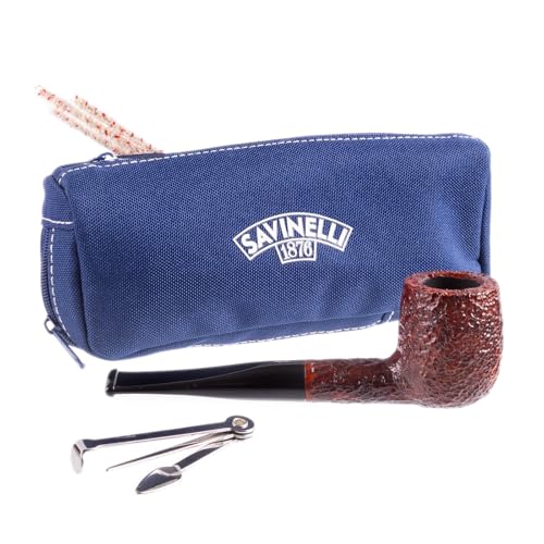 Savinelli One Kit - Handmade Italian Briar Wood Pipe, Blue Zipper Pouch, Cleaners, Czech Pipe Tool, 6mm, Straight Billiard, Rusticated Finish, 106