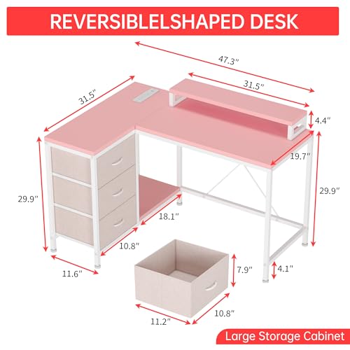 Image of Hetoy L-Shaped Gaming Desk with Power Outlets, Corner Desk with Drawers, Shelves & LED Lights, Computer Desk for Home & Office