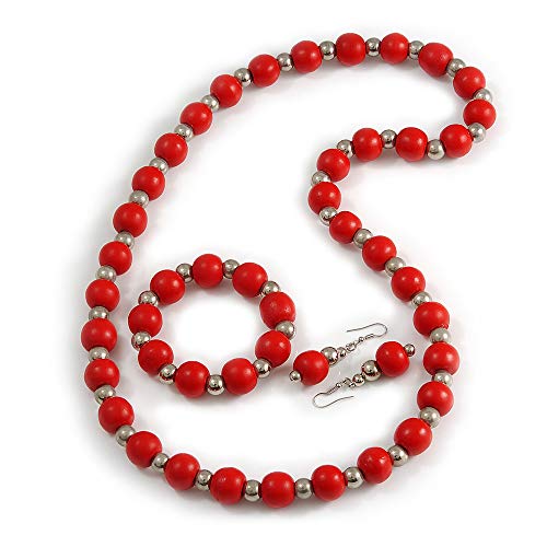 Juego de collar rojo con pendientes y pulsera de madera y cuentas acrílicas de 70 cm