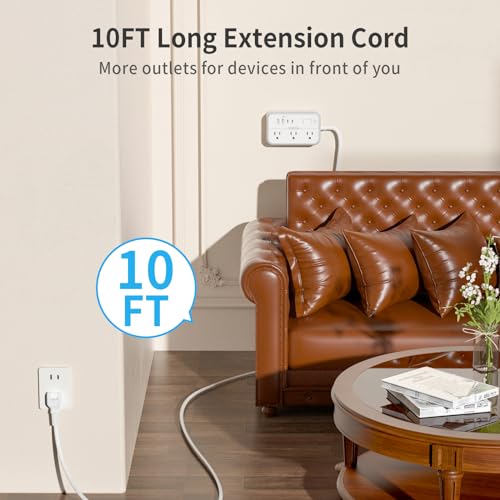 NTONPOWER Extensión de 3.05 metros con 10 tomas, Protector eléctrico con 4 puertos USB, Enchufe plano para montaje en pared miniatura 3