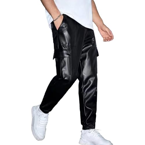 Mens Side Pockets PU Leather Pants Vintage Loose Casual Jogger Cargo Pants Motorcycle Biker Straight Leg Pants