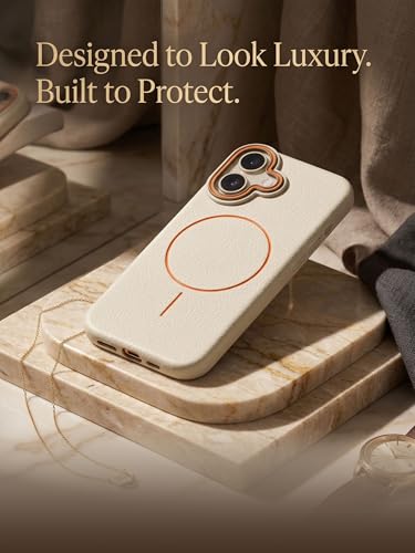 Image of amazon basics Luxury MagSafe Compatible Leather Texture Back Cover for iPhone 16 | Raised Camera Protection | Slim Fit Shockproof Case with Metallic Accents (White)