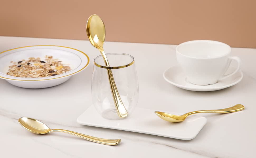 Liacere 200 Pack Gold Plastic Spoons - 6.7 inch Heavy Duty Plastic Spoons - Heavyweight Gold Disposable Spoons for Parties & Weddings & Restaurants