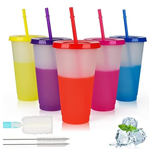 Echify Tazas con Tapas y Pajitas - Paquete de 5 24 oz Tazas Mágicas que Cambian de Color Taza de Café Helado a Granel Taza de Viaje Vaso de Plástico Reutilizables para Fiestas Niños y Adultos