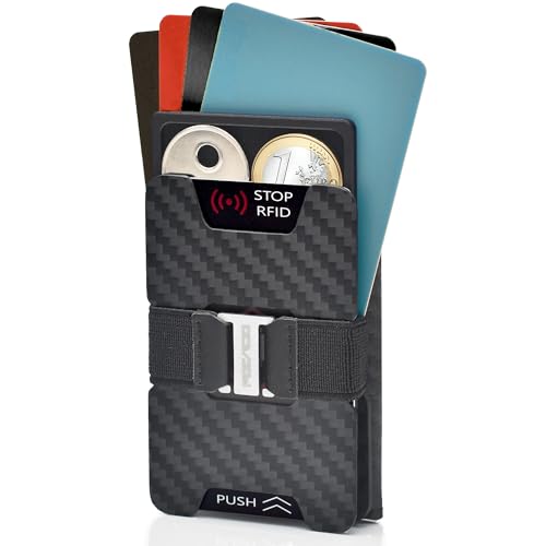 POCARDO Portefeuille fin, Noir avec motif carbone, Mit Münzfach und RFID-Blocker, Minimaliste