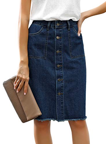 luvamia Women's Casual Mid Waisted Button Down Frayed Raw Hem Relaxed Fit Denim Jean Skirt Denim Jean Dark Blue Size X-Large