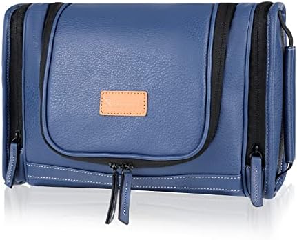 MIRASON Hanging Toiletry Bag for Men PVC Leather Dopp Kit Waterproof Travel Organizer with Sturdy Metal Hook and Handle for Bathroom Shower Cosmetics Camping Brushes Shaving (Blue)