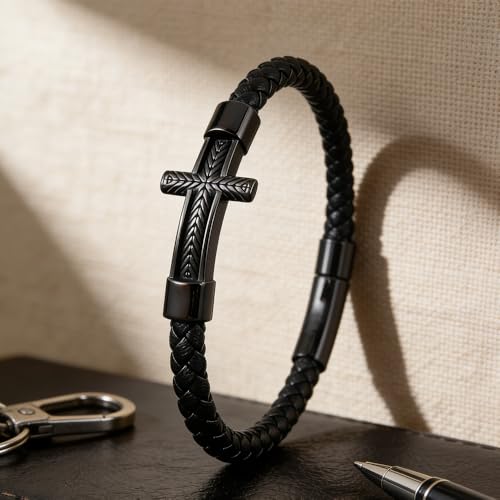 Pulsera de cuero trenzado con cruz para hombre y mujer miniatura 4