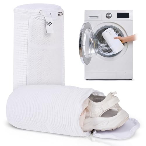 EPSCY Shoe Washing Machine Bags - Reusable Sneaker Laundry Shoe Bag with 360° Deep Clean Mesh - Self Locking Zipper, Noise Reduction Washing Bag Fits All Shoes Sizes and Types - White, Pack of 2