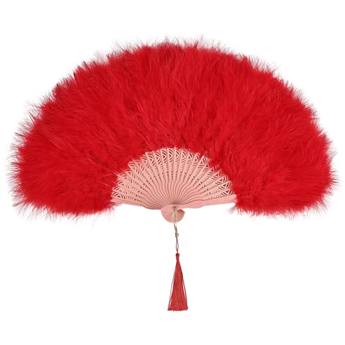 whitefeather Vintage Feather Hand Fan, 17.7 x 11.8 inches, Marabou Feathers, 1920s Style for Costume Parties, Tea Parties (1, Red)