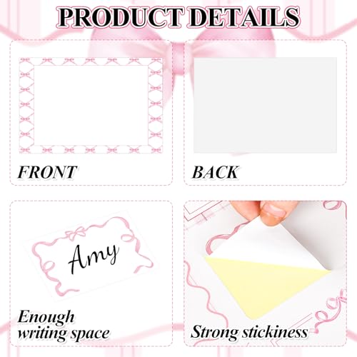 Image of Whaline 180 Pcs Pink Bow Name Tag Stickers Pretty Bowknot Rectangle Nameplate Stickers Classroom Bulletin Board Label Decals for Office School Desk Wall Decor