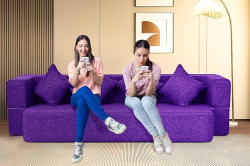 Image of Rosebell Flipper Three-Seater | 70 X 46 X 9 | Foldable Sofa Cum Bed with Washable Fabric Four Cushions - Purple Color