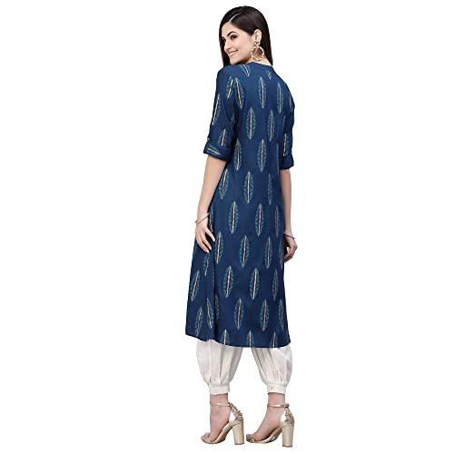 Image of Stylum Women's Turquoise Block Printed Rayon A-Line Kurta | Office Kurtas for Women (Available in Plus Sizes)