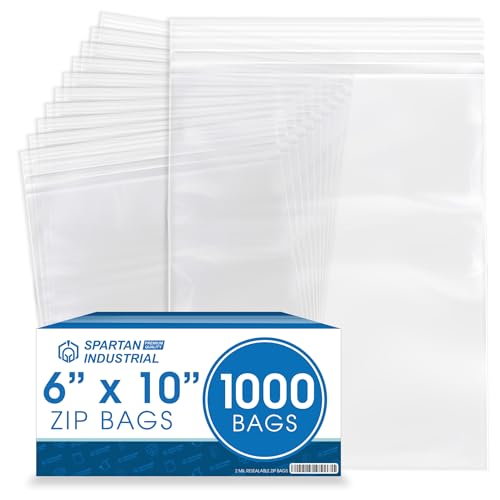 Spartan Industrial - 6” X 10” (1000 Count) 2 Mil Clear Reclosable Zip Plastic Poly Bags with Resealable Lock Seal Zipper