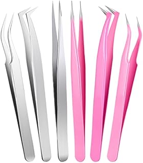 6 Pieces Eyelash Extension Tweezers Lash Tweezers Set Stainless Steel Straight and Curved Tip Tweezers Precision Eyebrow Tweezers Nippers for Eyebrow Hair (Silver, Pink)