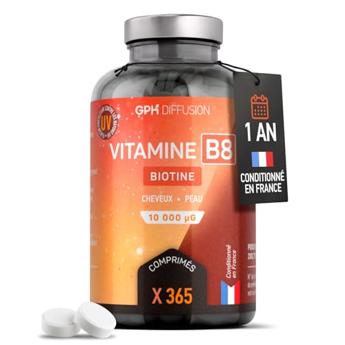 Vitamine B8 - Biotine - 10 000 µg - 365 comprimés - Cheveux, Peau