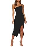 Women's Adjustable Spaghetti Straps Sleeveless High Waist Split Midi Bodycon Cocktail Party Dress