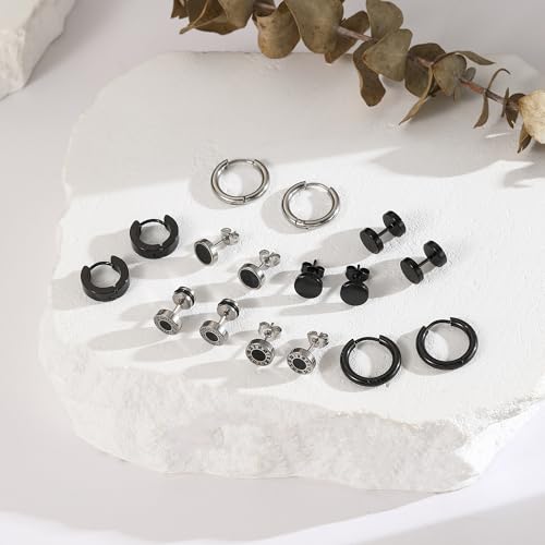 8-12 Pairs Earrings for Men Surgical Steel Mens Black Earrings Multipack Stud Huggie Small Hoop Earrings Set2
