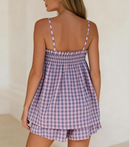 Image of SOOKABEILA Women 2 Piece Lounge Set Sleeveless Striped Cami Peplum Top Boxer Shorts Loose Ruffle Matching Pj Sets Outfits