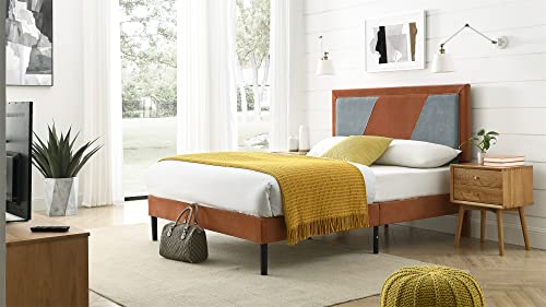 Bikahom Oregon Upholstered Polyester Platform Bed Frame/Mattress Foundation/Wood Slat Support/No Box Spring Needed/Orange Full Size #TOP1
