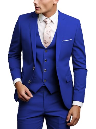 UNINUKOO Men Suits Slim Fit Dress 3 Piece 2 Button Wedding Formal Business Tuxedo Suit Jacket Pants Vest Set US Size M Royal Blue