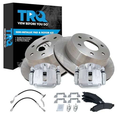 Image of TRQ Rear Brake Pad and Rotor Set Semi Metallic Rotors Calipers Compatible with 2002 GMC Sierra 1500
