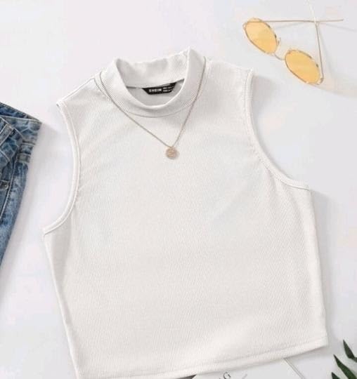 Image of Sleek Mock Neck Rib-Knit Short Sleeve Tank Top for Women