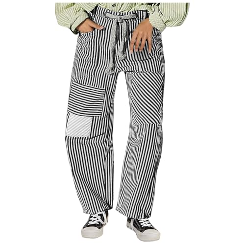 Sinzelimin Women Wide Leg Pants Fashion Drawstring High Waist Pachwork Y2k Striped Sweatpant Loose Casual Full Length Trouser