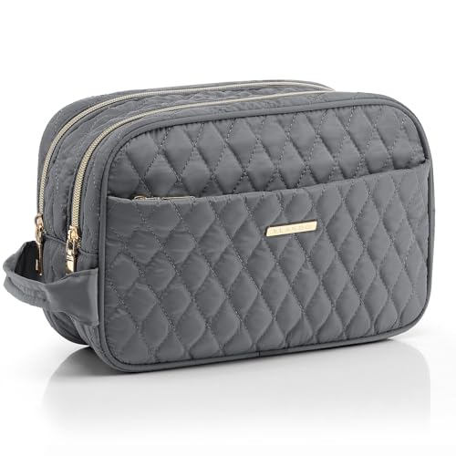 Vlando-Kosmetiktasche-Reise Kulturtasche-Damen Kulturbeutel-Herren Make-Up-Organzier Groß mit 3 Fächern, Portable Make Up Tasche für Mädchen, Frauen Kosmetikkoffer Klein Grau