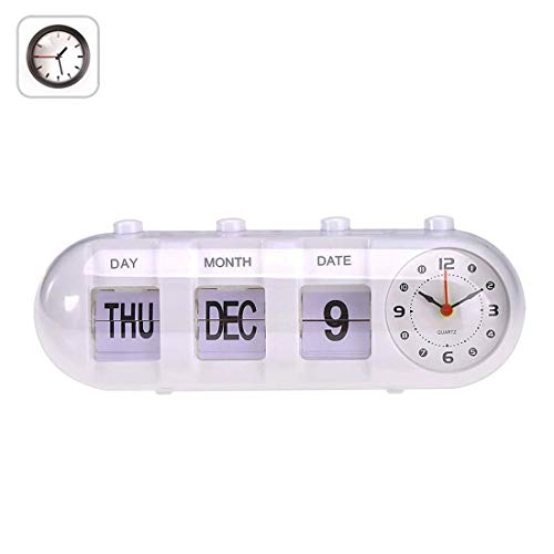 Retro Flip Tischuhr, Auto Flip Down Uhr, Tag Datum Kalender Zeitanzeige Uhren,Weiß Cover
