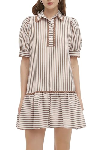 Image of EZAPINE Women Striped Shirt Dress Summer Button Down Collared Short Puff Sleeve Ruffle Hem Casual Flowy Mini Dress