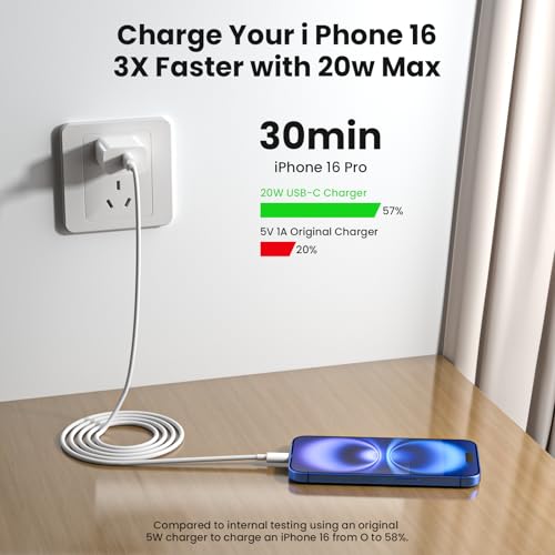 Image of iPhone 17 16 15 Fast Charger, 20W PD USB C Wall Charger Block with 6FT Type C to C Cable, for iPhone 17 /16 /15 Pro Max /Plus /Series & iPad Pro /Air, [2-Pack]
