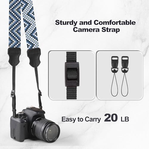 Image of Universal Camera Strap - Camera Neck Strap, Adjustable Shoulder Straps Compatible with Canon, Fujifilm, Nikon, Olympus, Panasonic and other SLR and mirrorless cameras - Blue White Gquares