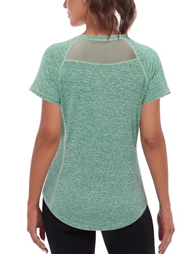 Wayleb Gym Tops for Women UK Short Sleeve Round Neck Stretch Fit Mesh Back Training Tops Sports Shirts T Shirts for Fitness Yoga Green S-XXL